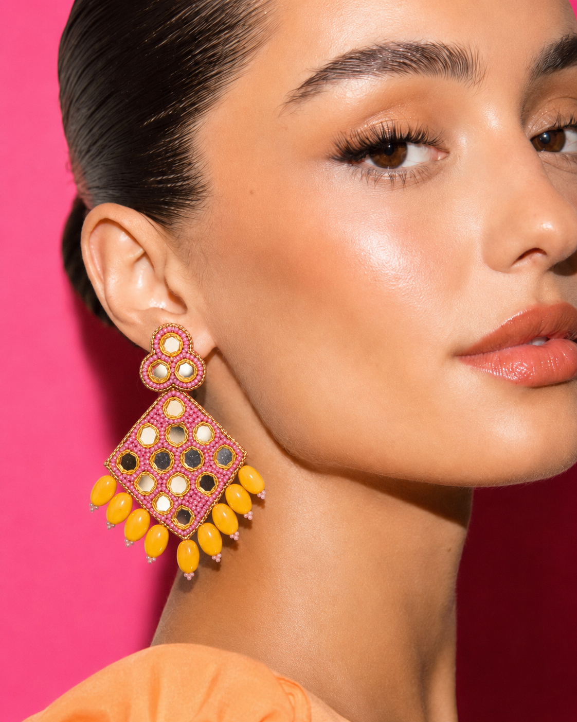 PINEAPPLE PIE - Rose and Yellow Mirror Chandelier Earrings