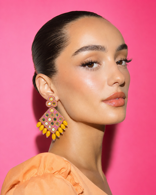Neha Sharma Label Pineapple Pie rose beaded earrings with round mirrors and yellow bead drops.
