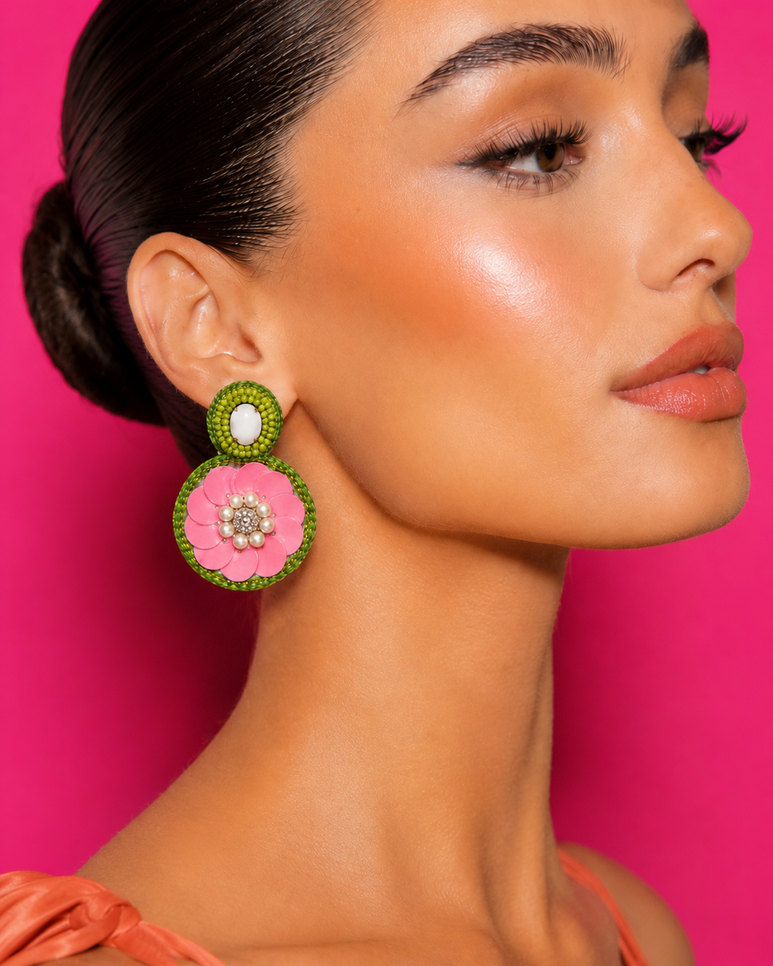 GUAVA POP - Pink and Green Sequin Flower Drop Earrings