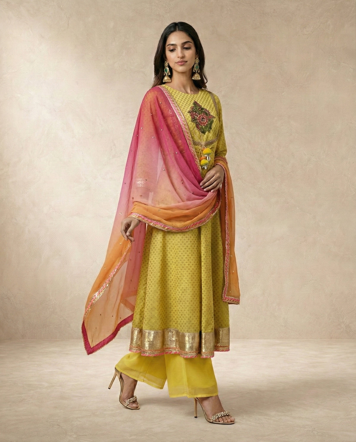NAZAKAT mustard woven buti anarkali with ombre dupatta by Neha Sharma Label.