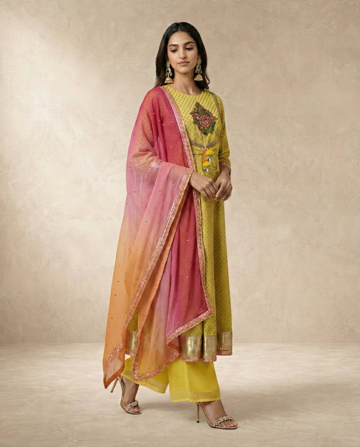 Neha Sharma Label NAZAKAT mustard anarkali set with pink and orange ombre dupatta.