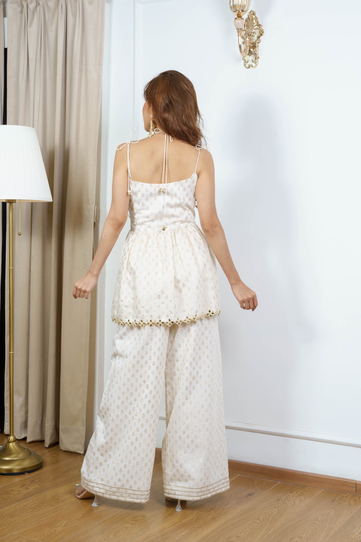 GAUHAR ivory and gold peplum sharara set by Neha Sharma Label, festive occasion wear.