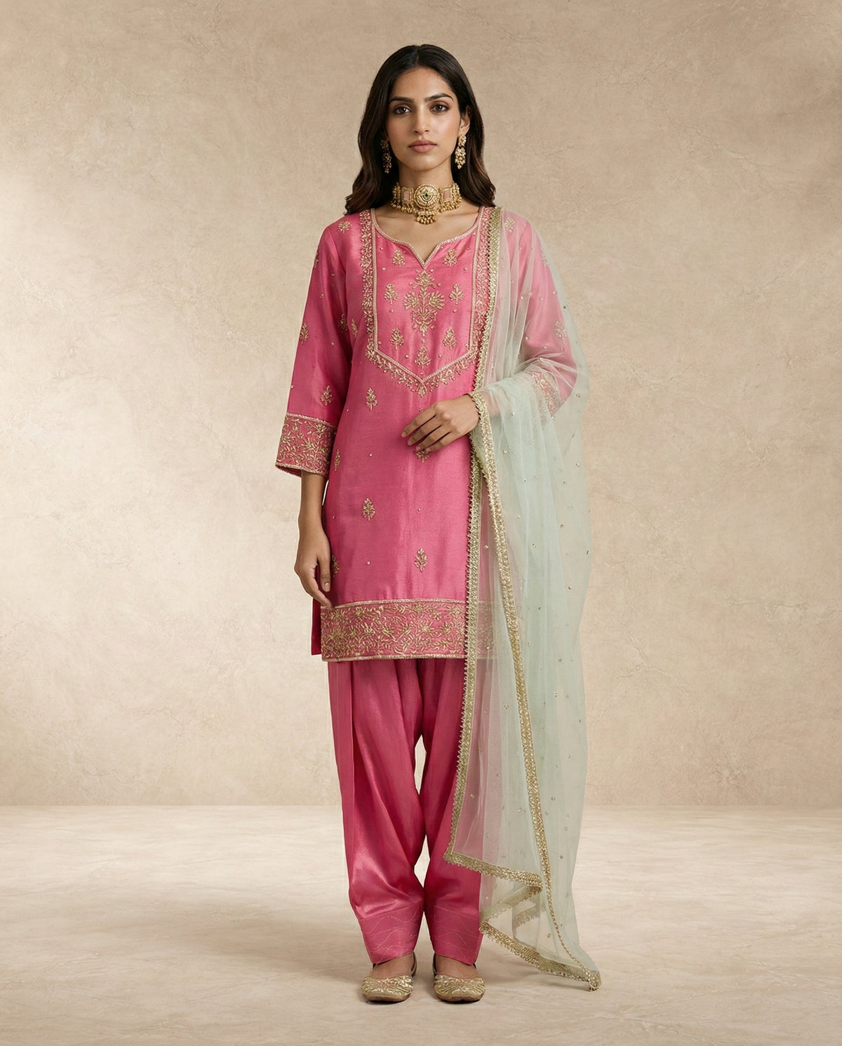HANIYA rose pink silk kurta with full sleeves and scattered gold butis by Neha Sharma Label.