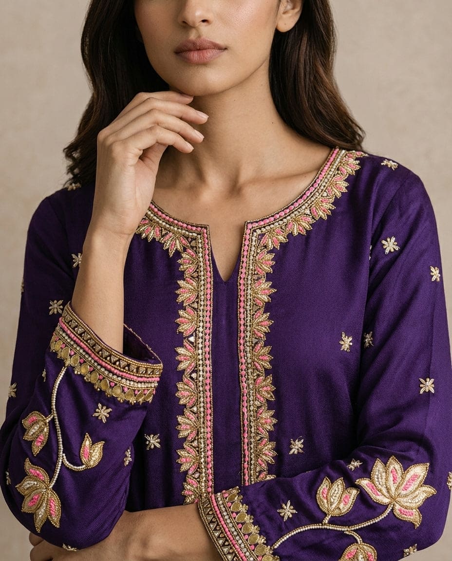 NAZME purple silk kurta with gold and rose embroidered placket by Neha Sharma Label.