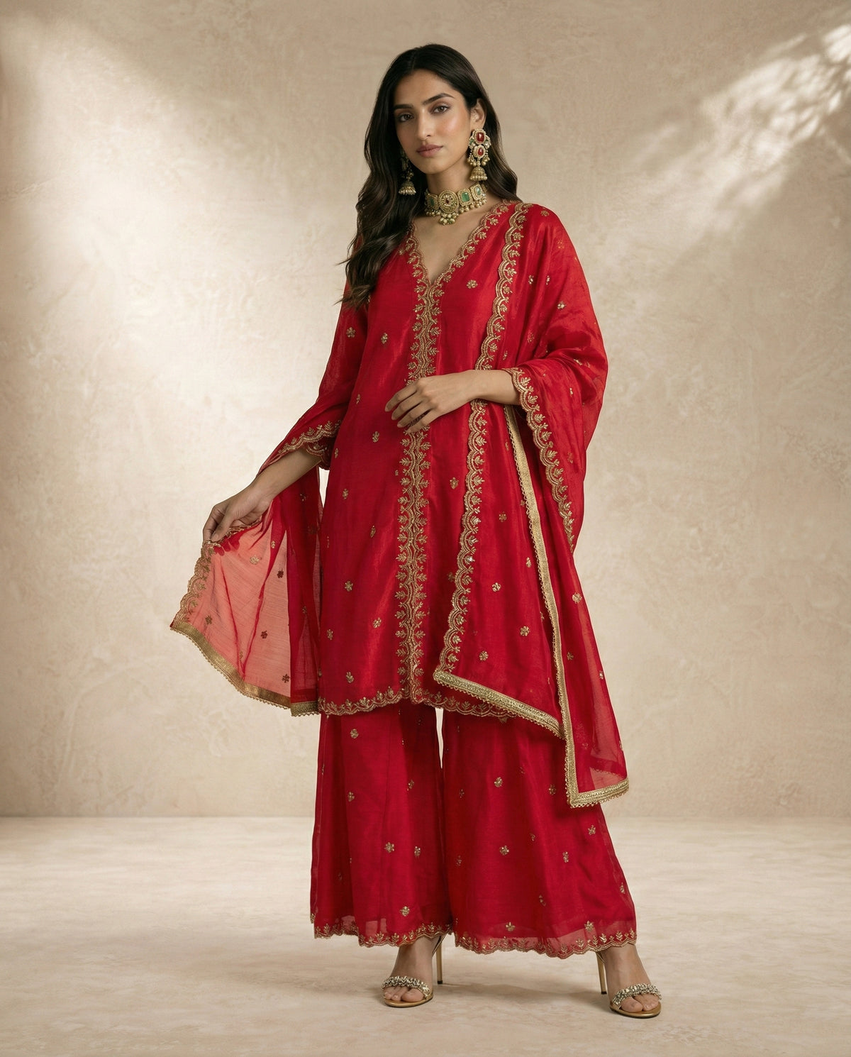 NAZRA deep red tissue silk sharara set with all-over gold cheeta embroidery and scalloped borders.