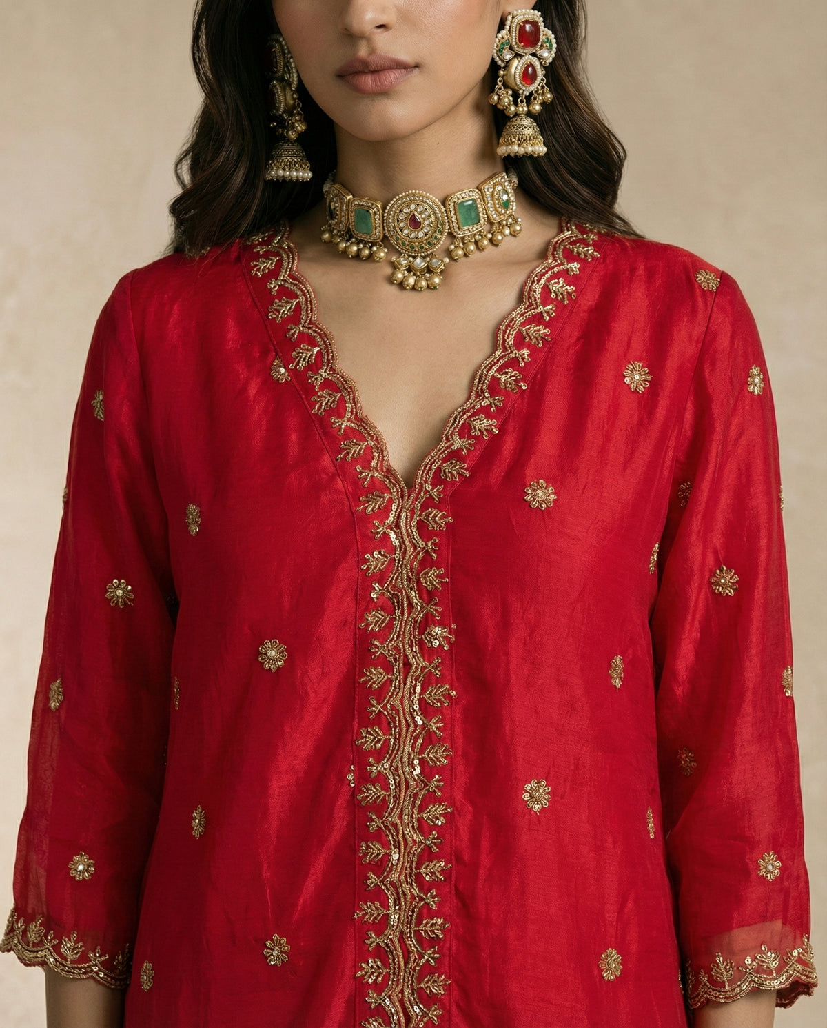 NAZRA red tissue silk set styled with the scallop-edged embroidered dupatta.