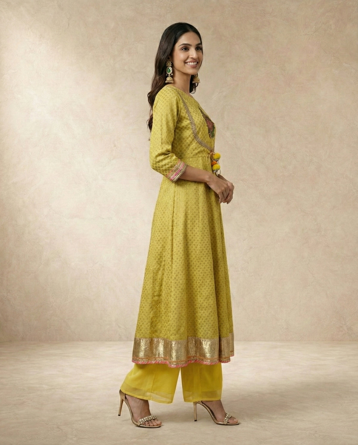 NAZAKAT mustard anarkali set with wide-leg pants by Neha Sharma Label, festive daytime wear.