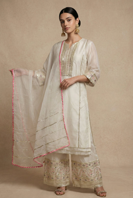 Neha Sharma Label KISHWAR ivory organza sharara set, front view with pink-trimmed organza dupatta over the arm.