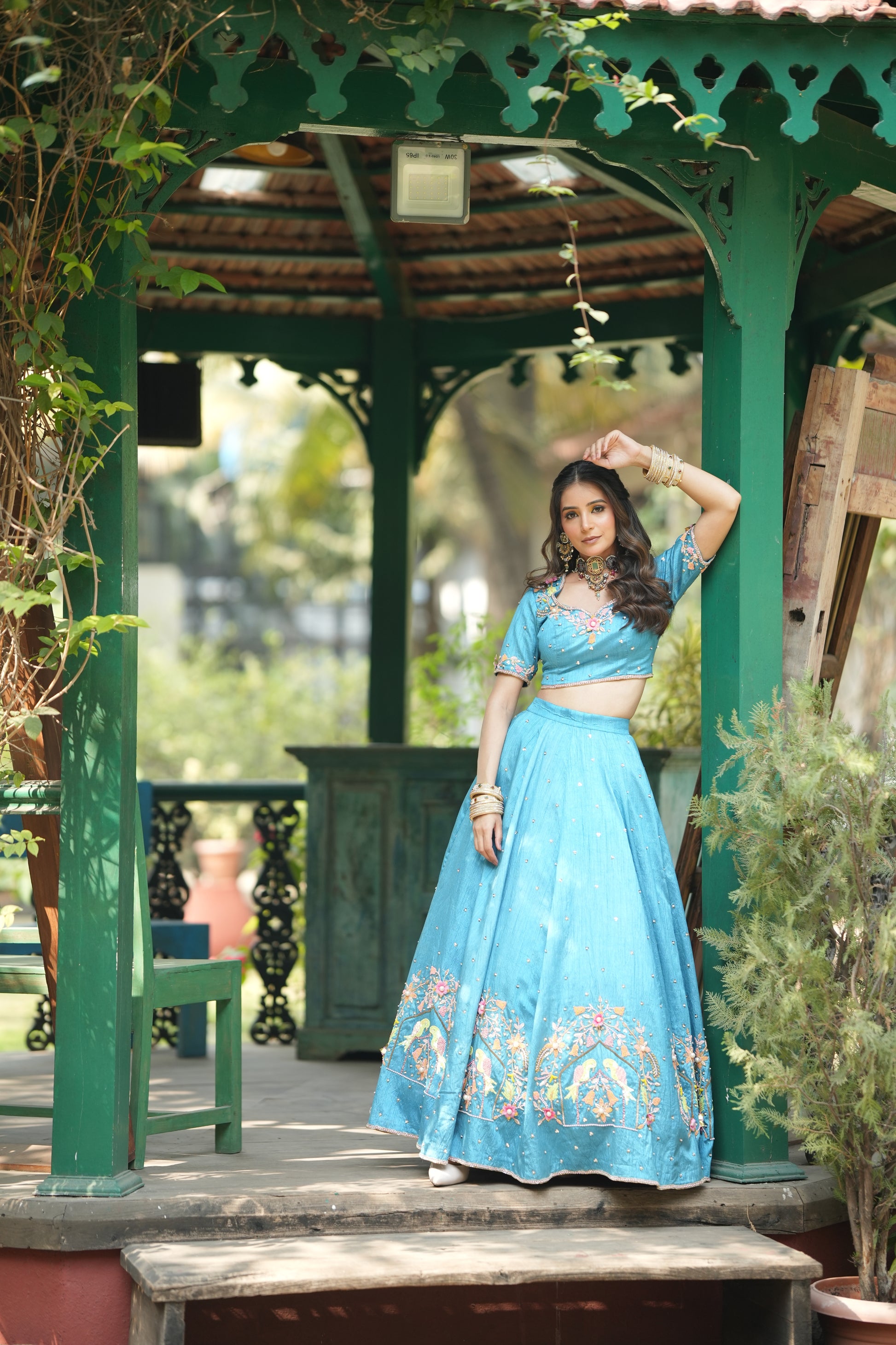 Aviary Bloom Lehenga Set ? Sky Blue Raw Silk with Modern Palette
