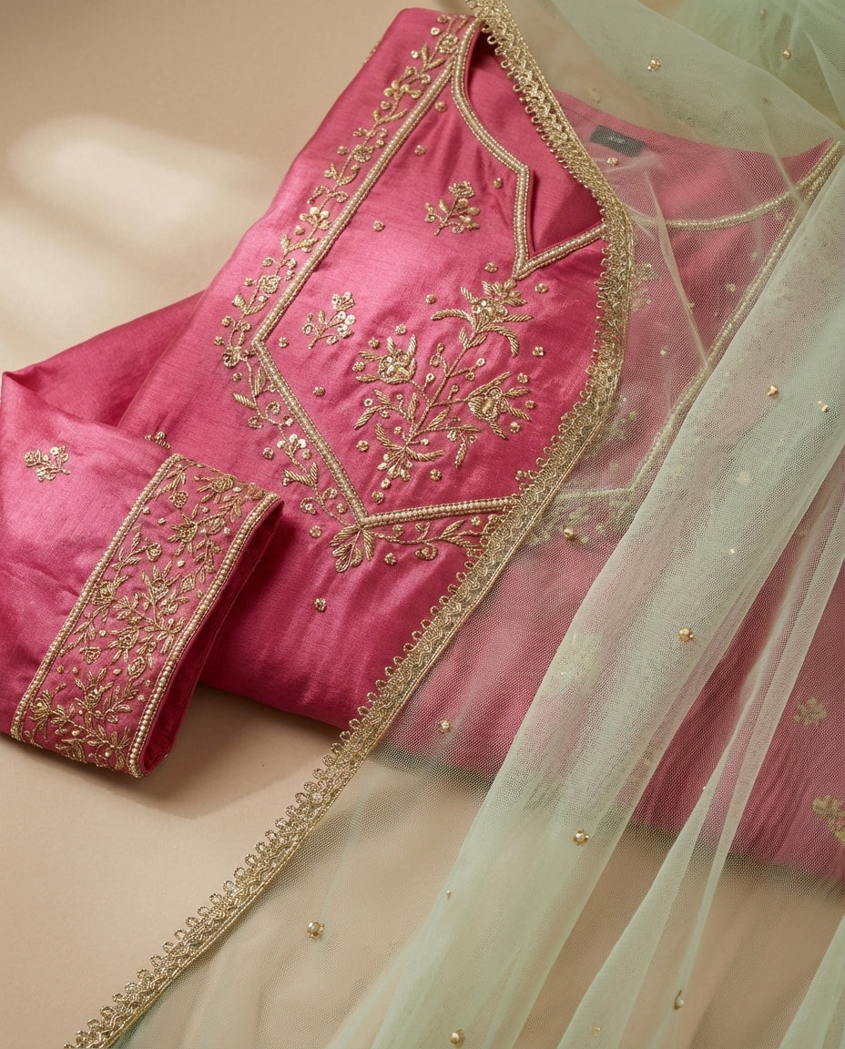 HANIYA pink hand-embroidered silk kurta set with mint dupatta by Neha Sharma Label.