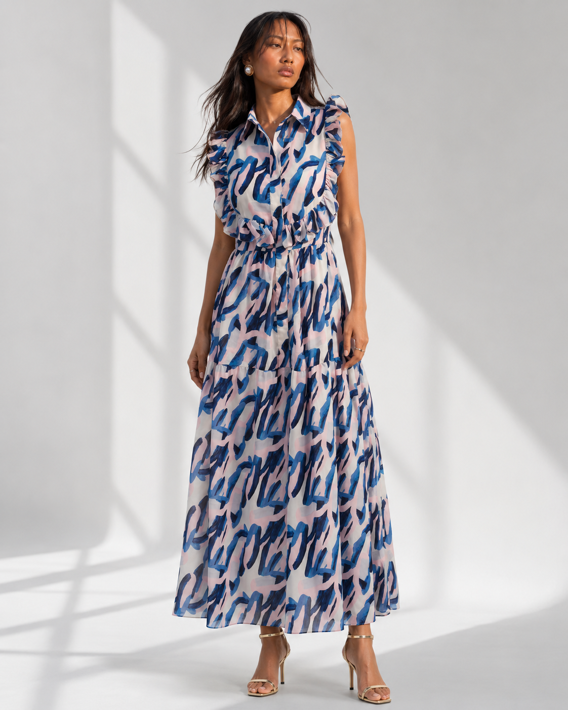 AZUREA blue brushstroke print ruffle maxi shirtdress by Neha Sharma Label