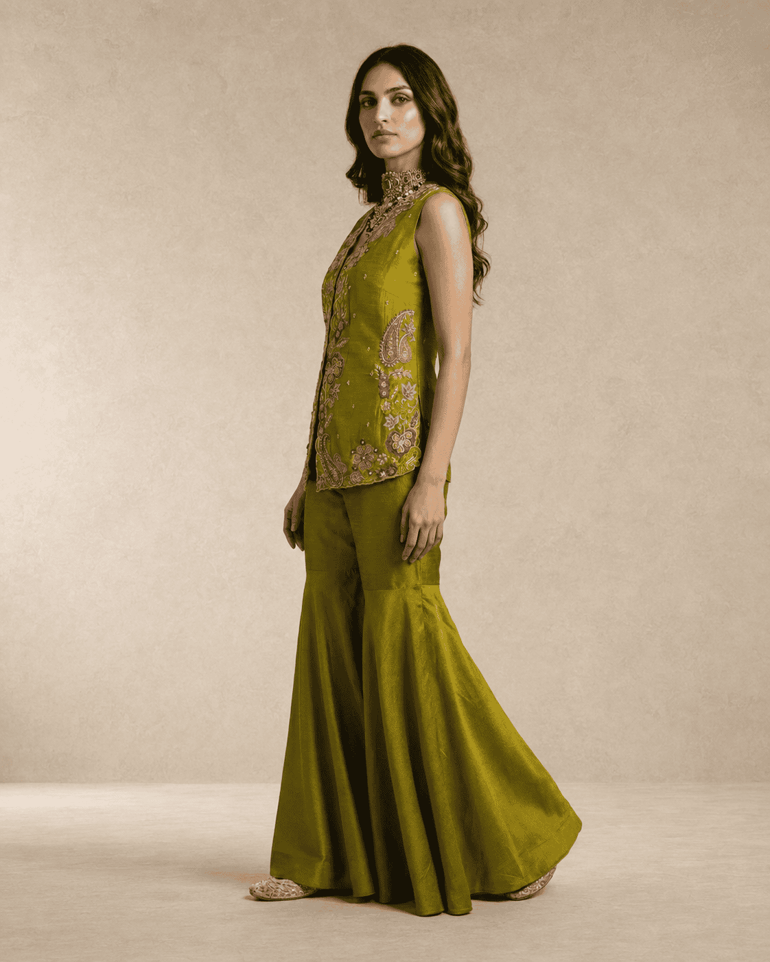 ZEHRA - Mehndi Green Embroidered Gharara Set