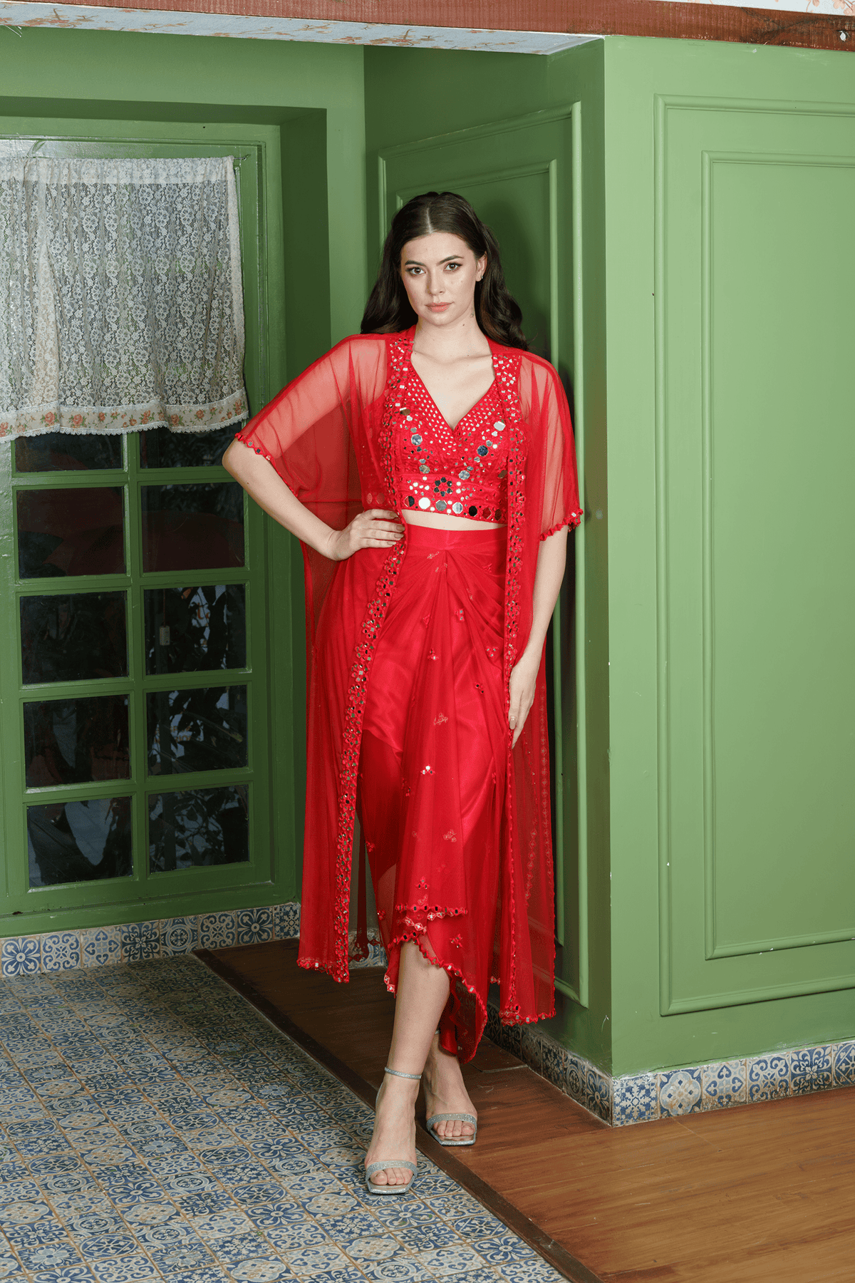 Designer Embroidered crop top with dhoti and shrug jacket