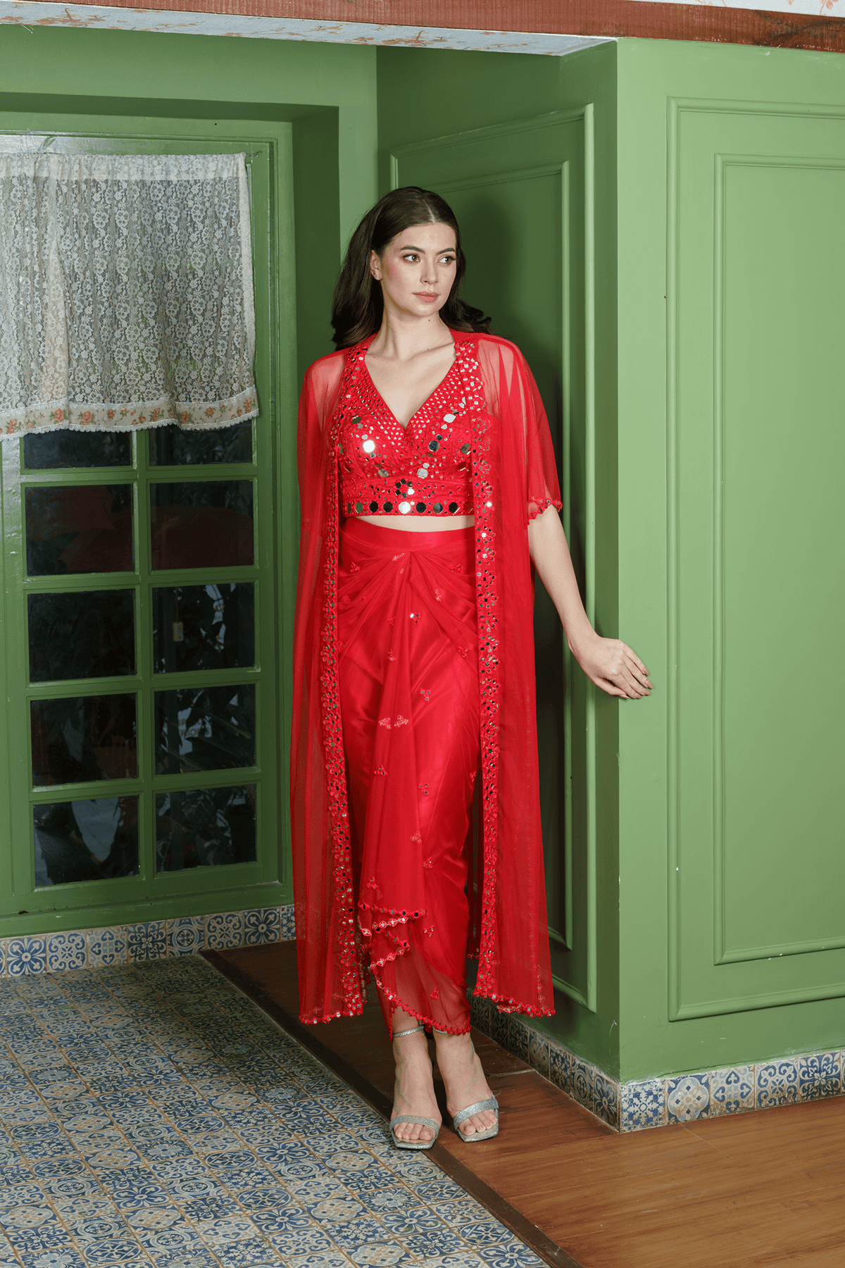 Designer Mirror Embroidered Dhoti Skirt Set with Crop Top and Cape
