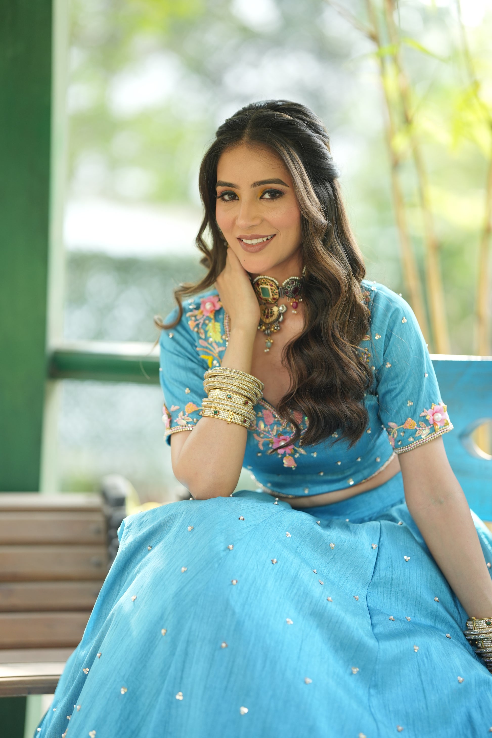 Sky blue bridal lehenga with Zardosi embroidery perfect for wedding destination celebrations