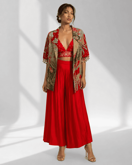 ROSELLA red pleated wide leg palazzo by Neha Sharma Label