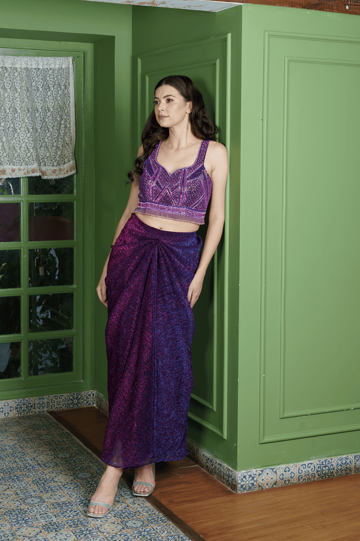 ombr?shimmer fabric and dhoti drape details of the outfit