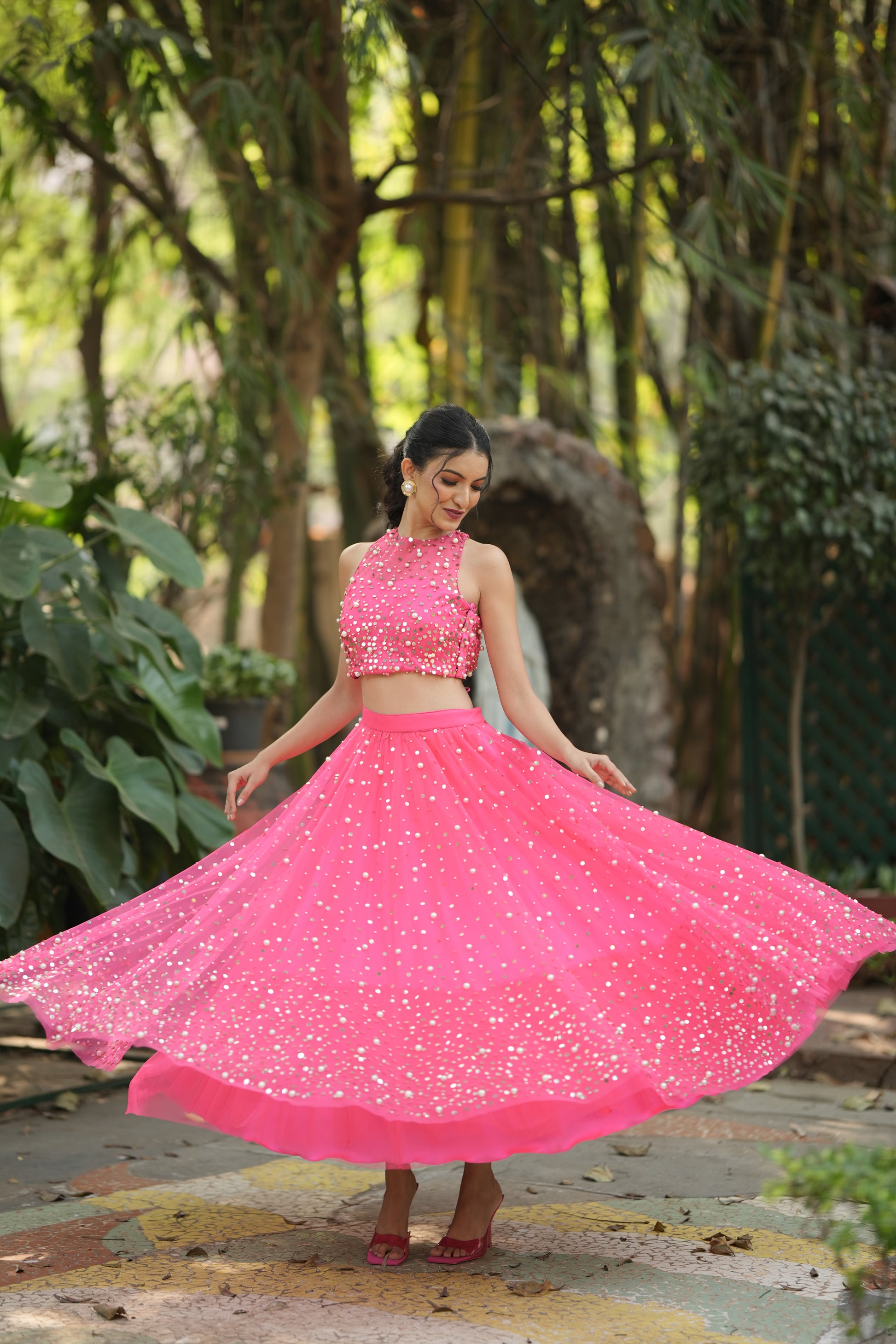 Pink party wear lehenga choli with crop top and Bandhani print