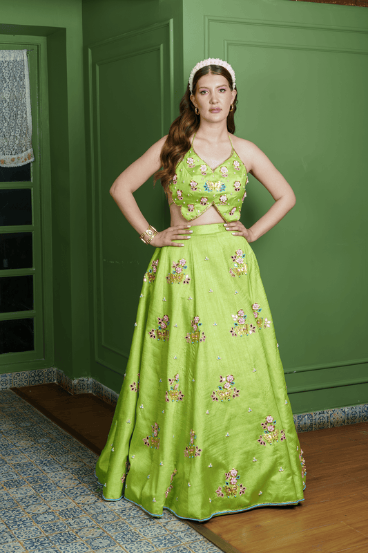 pistachio green raw silk lehenga with butterfly blouse?hand-embroidered, modern, and perfect for weddings & festive celebrations