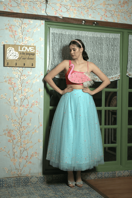Whimsical Flamingo Lehenga ?Sky-Blue Embroidered Set