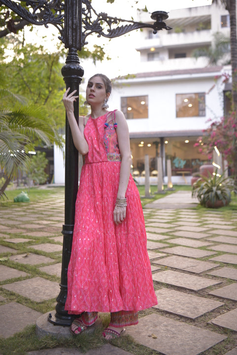 ISABEL pink bandhani print anarkali kurta with straight printed pants.