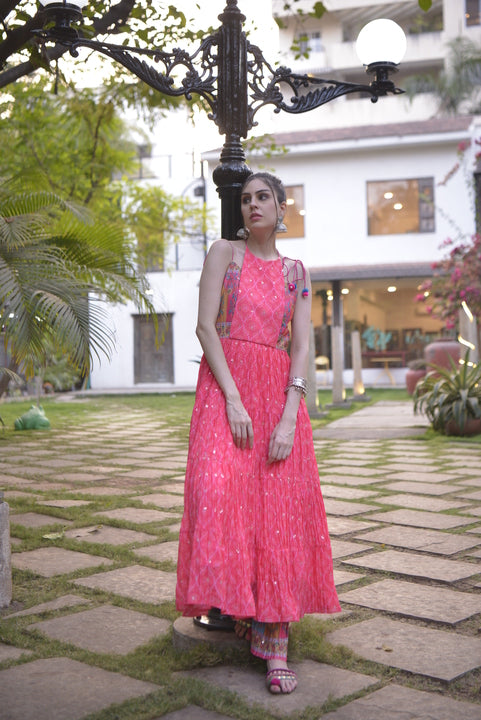 ISABEL pink bandhani tiered anarkali set, full-length view.