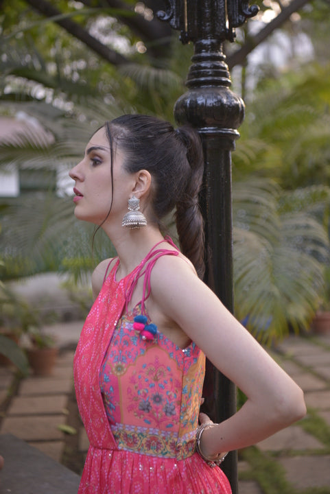 ISABEL pink bandhani anarkali with doori shoulder ties and sequin dots.