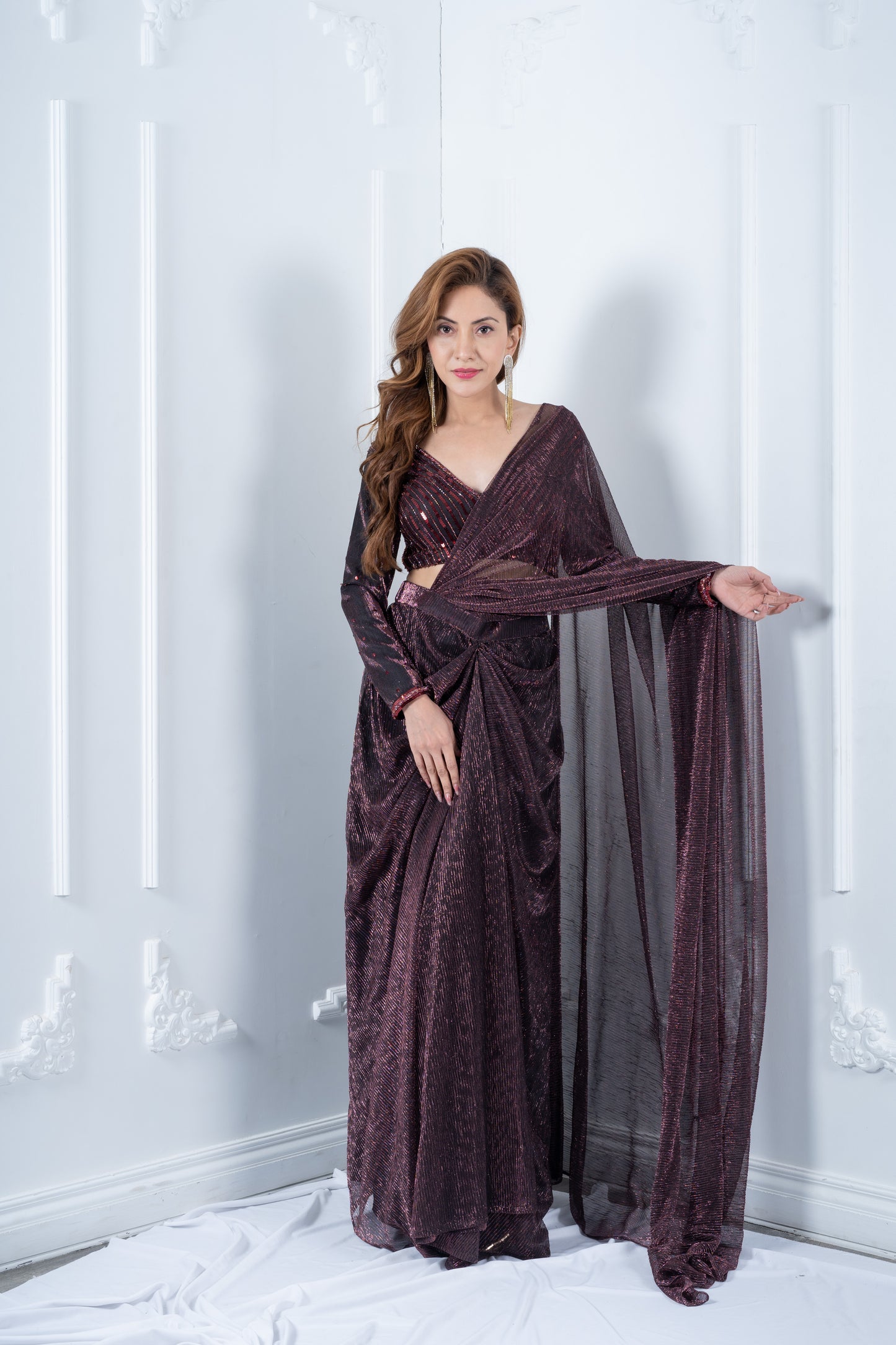 Purple Sequins Blouse with Purple Pleated Drape Saree