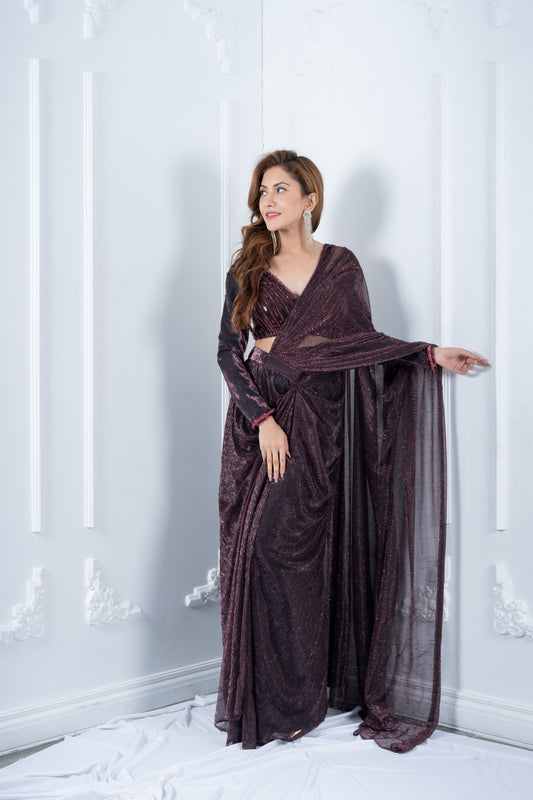 Purple Sequins Blouse with Purple Pleated Drape Saree