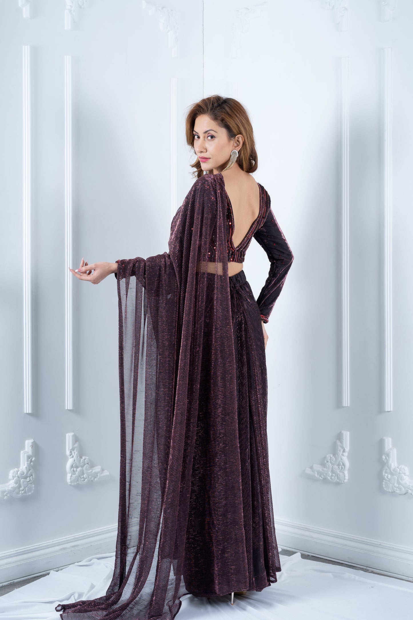 Purple Sequins Blouse with Purple Pleated Drape Saree