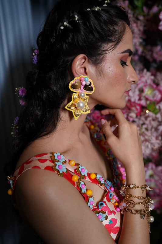 Yellow mirror & pearl beaded earrings