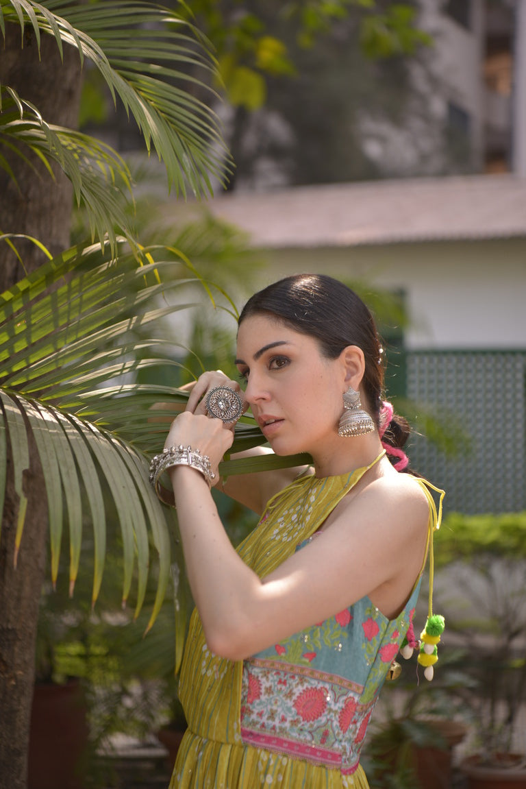IRA mustard bandhani anarkali with doori shoulder ties, sequin dots and straight printed pants.