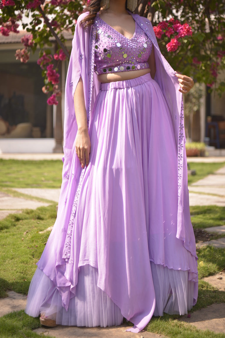 MIRROR EMBLISHED LILAC LEHENGA SET