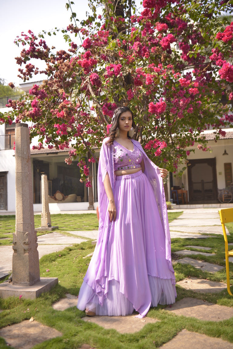 MIRROR EMBLISHED LILAC LEHENGA SET