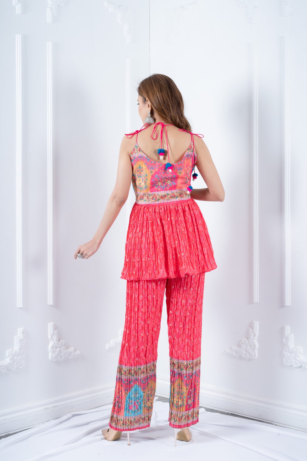 Back view of Bandhani kurta set for women showing tie-up tassel detail and printed palazzo
